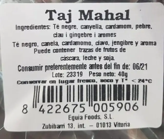 Taj mahal nutrition facts table