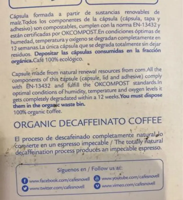 Organic Coffee nutrition facts table