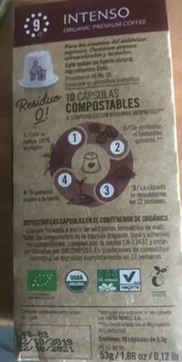 Cafe organico Novell nutrition facts table