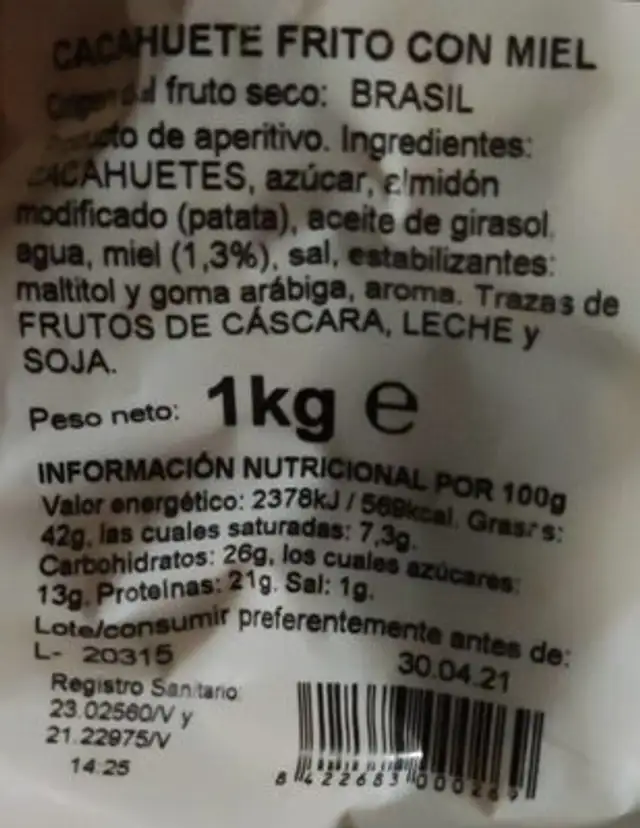 Cacahuete frito con miel nutrition facts table