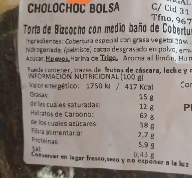 Torta de bizcocho con chocolate vegetal norte nutrition facts table