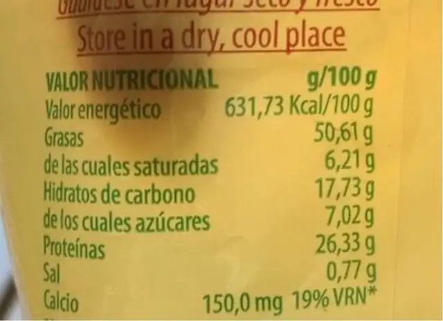 Puigdellivol nutrition facts table