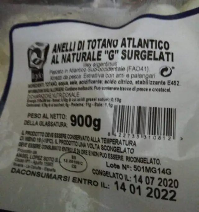 Anelli di totano atlantico al naturale "g" surgelati nutrition facts table