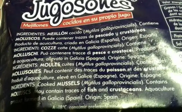 Moules entières surgelés cuites dans leur jus ingredients label