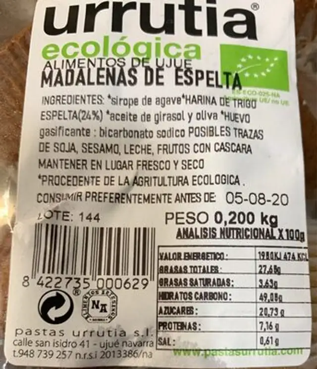 Madalenas de espelta nutrition facts table
