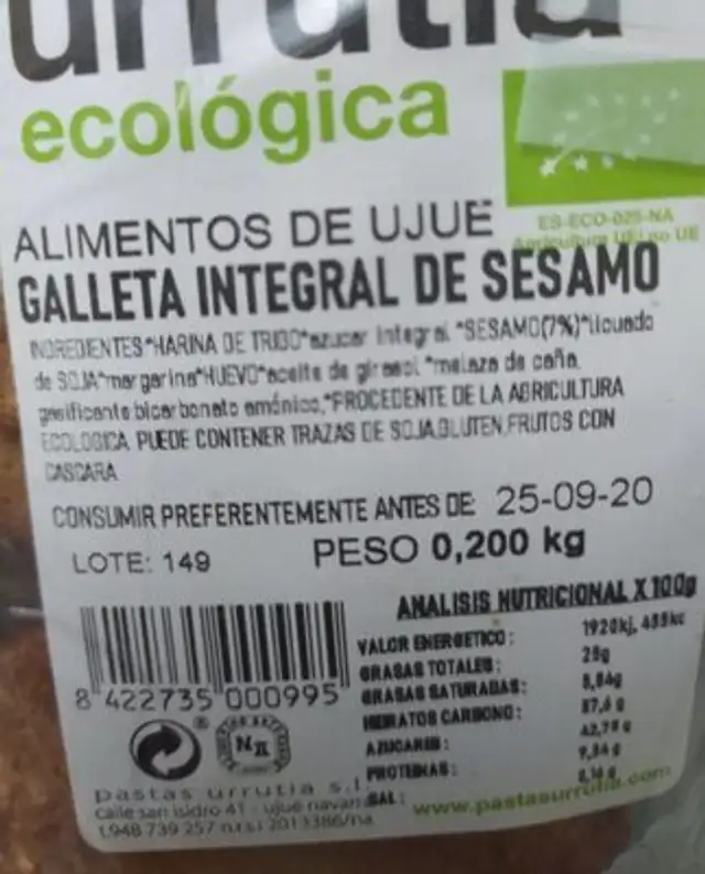 Galleta integral de sesamo nutrition facts table