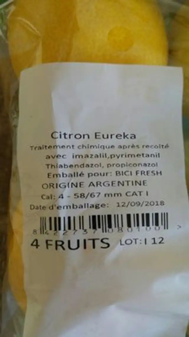 Citron en sachet ingredients label