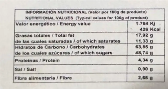 Chocolate a la Piedra nutrition facts table