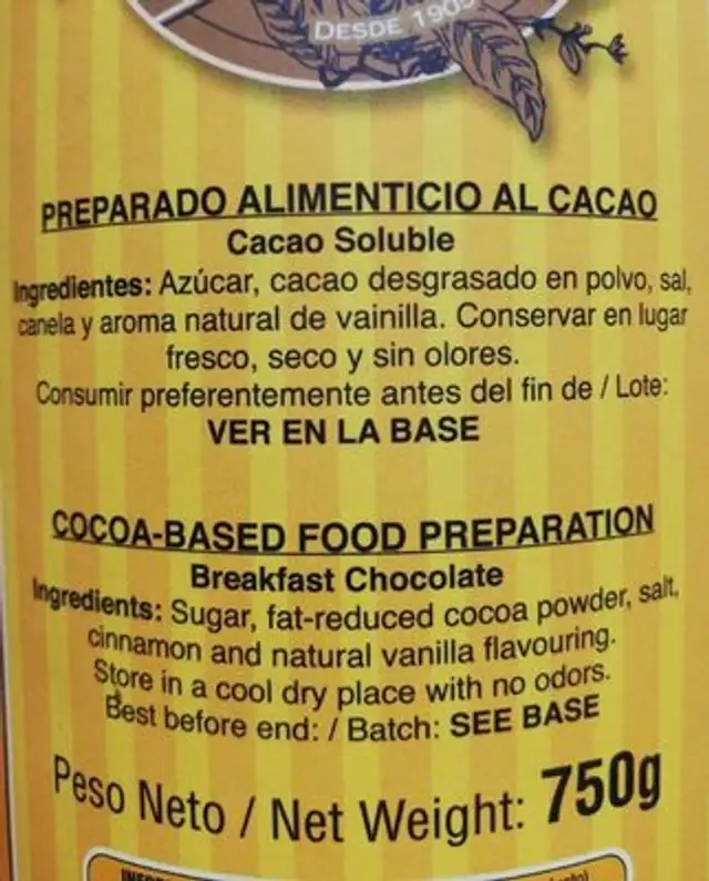 Cacao soluble nutrition facts table