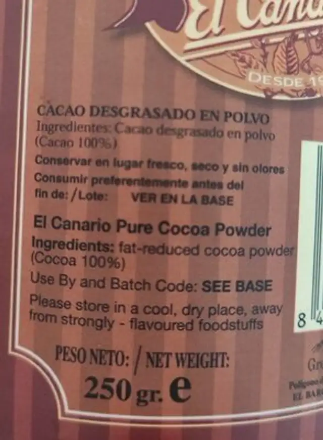 Cacao puro nutrition facts table