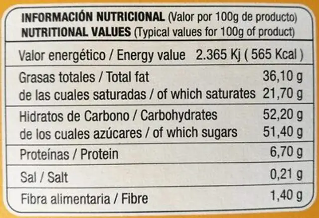 Chocolate con leche nutrition facts table