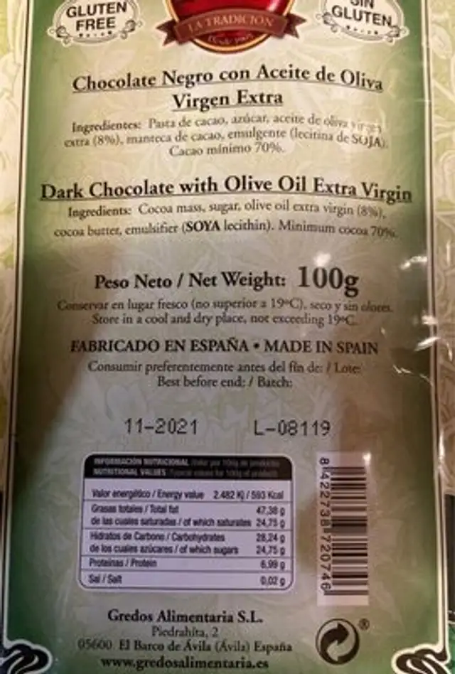 Chocolate negro con Aceite de Oliva nutrition facts table