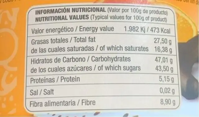 Delicias de Naranja nutrition facts table