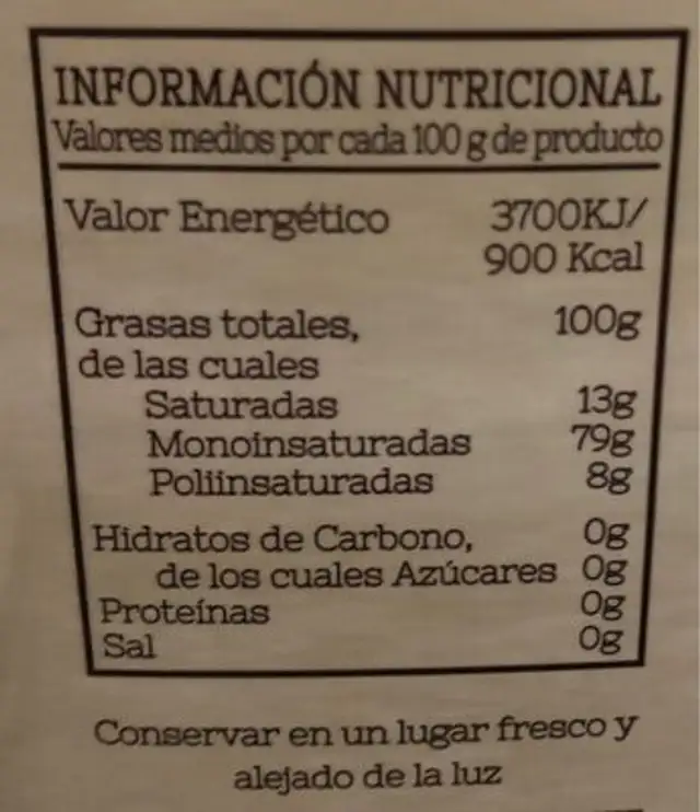 aceite de oliva nutrition facts table