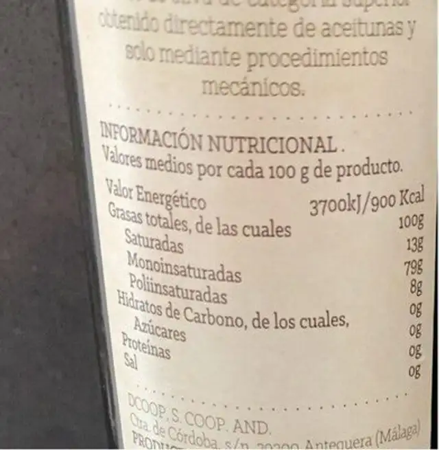 Aceite de Oliva Virgen Extra nutrition facts table