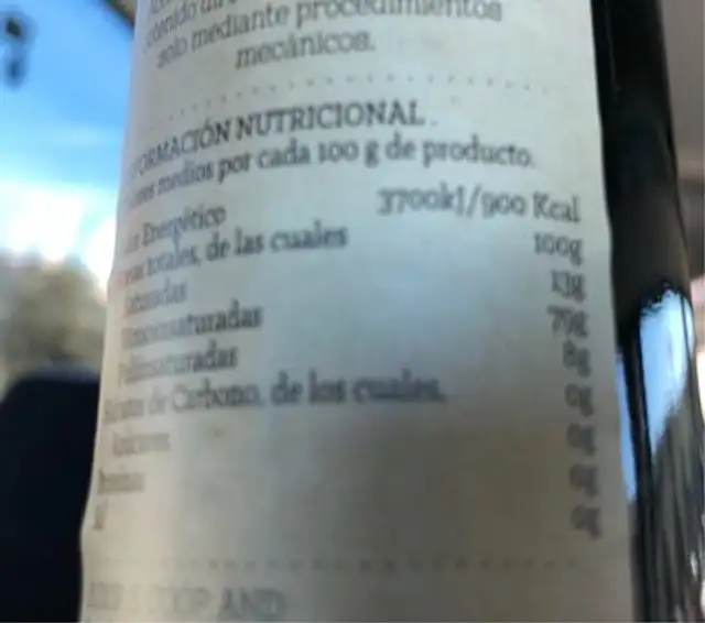 Aceite virgen extra nutrition facts table