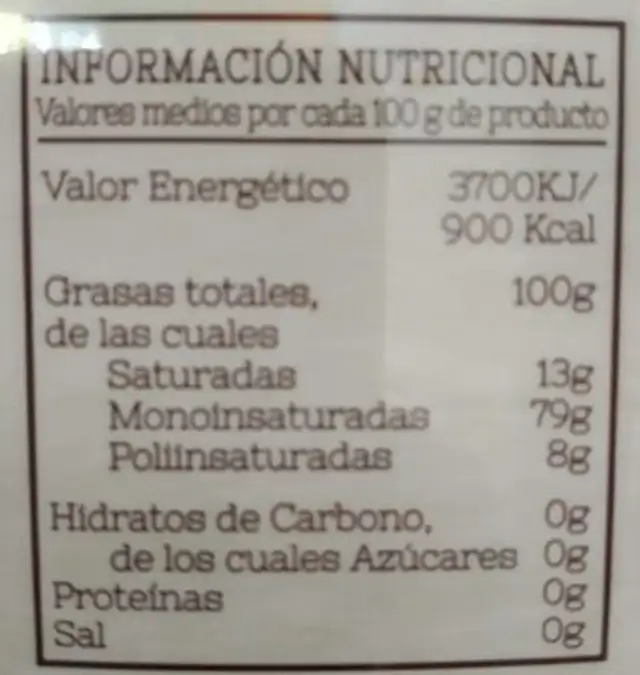 Aceite de oliva virgen extra nutrition facts table