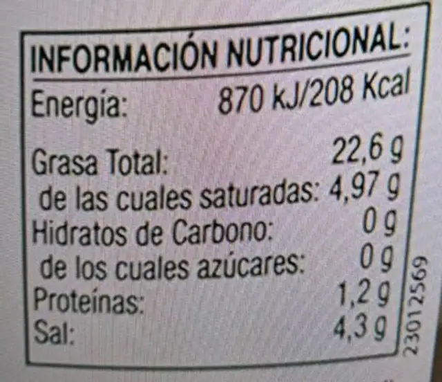 Aceituna Aloreña curada nutrition facts table