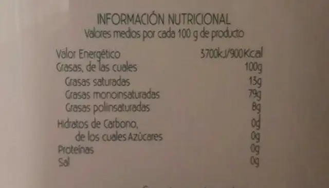 Aceite de oliva virgen extra nutrition facts table