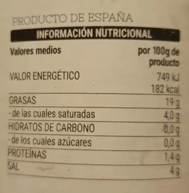 Aceitunas con hueso sabor anchoa nutrition facts table