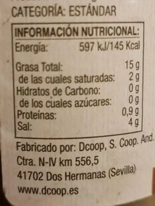 Aceitunas Verdes Ecológicas nutrition facts table