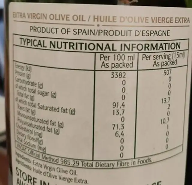 Hojiblanca Olive Extra Virgin nutrition facts table