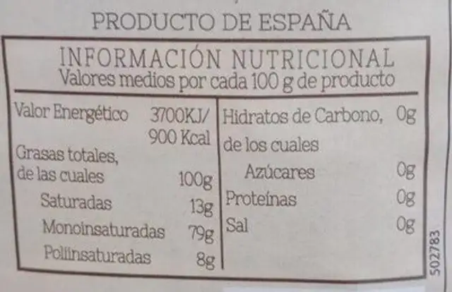 Aceite de oliva virgen extraño nutrition facts table