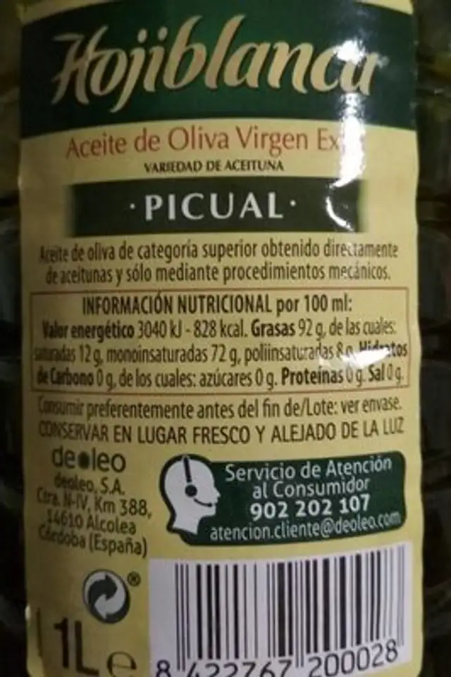 Hojiblanca Extra Virgin Olive Oil nutrition facts table