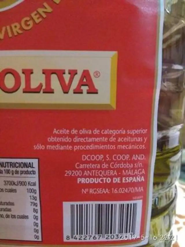 Aceite de oliva virgen extra ingredients label