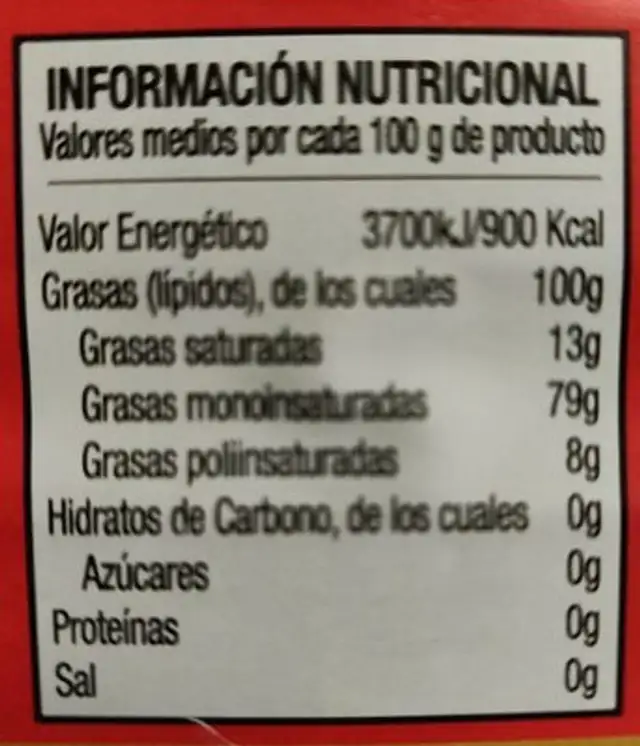 Aceite de oliva virgen extra nutrition facts table
