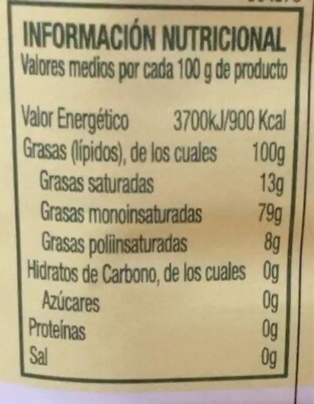 Aceite de Oliva Virgen Extra nutrition facts table
