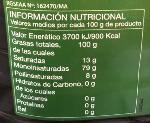 Aceite de oliva Virgen Extra nutrition facts table