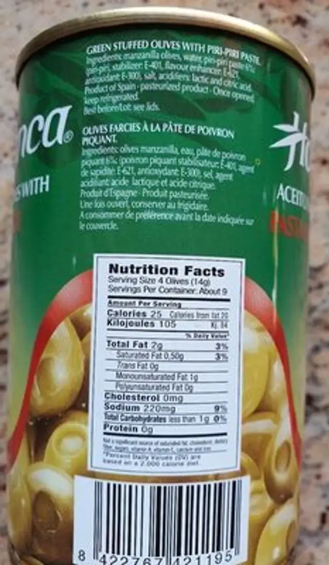 Olives vertes à la pâte de piri piri nutrition facts table