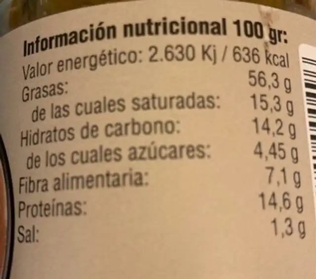 Tahín De Sésamo Bio Vegetalia nutrition facts table