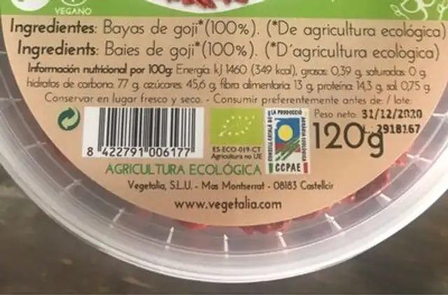 Bayas De Goji Tarrina Bio Vegetalia 120 G nutrition facts table