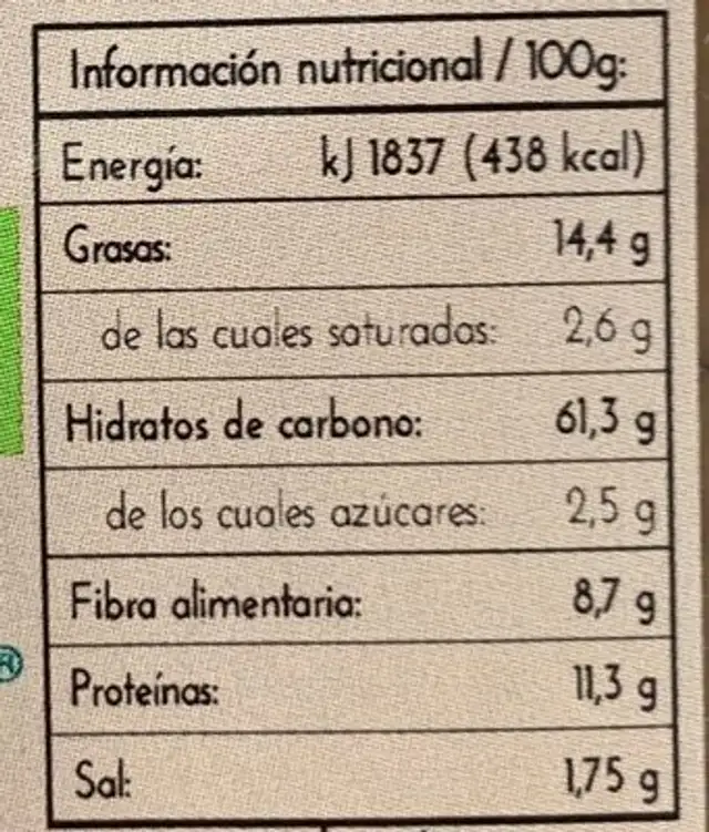 Vegetalín de Espelta Integral nutrition facts table