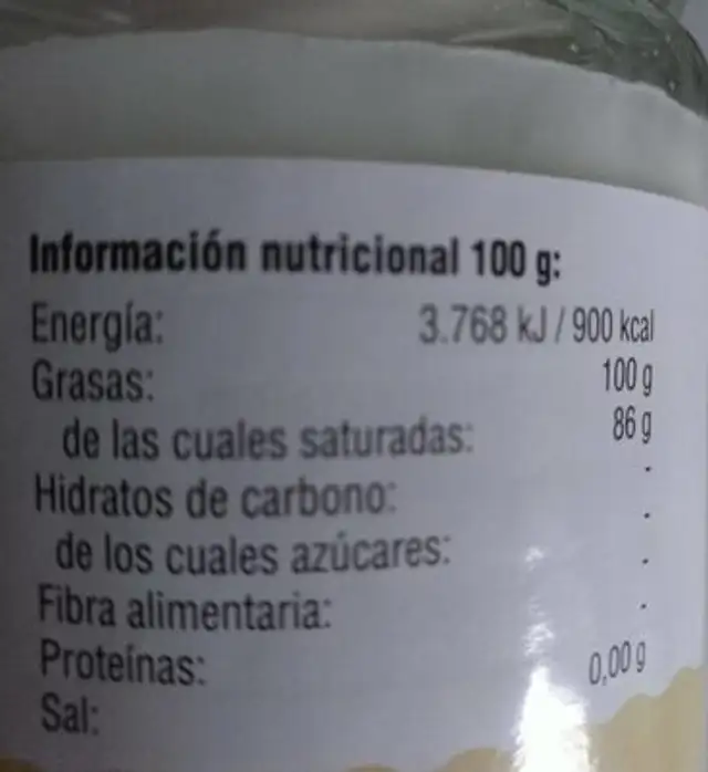 ACEITE DE COCO DESODORIZADO nutrition facts table