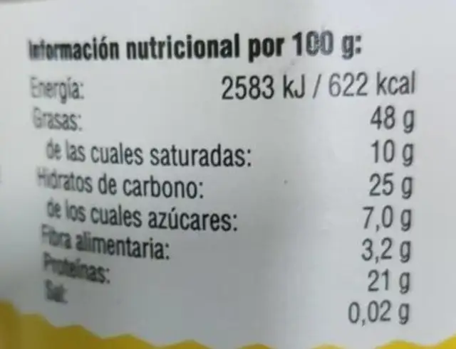 Crema de anacardo nutrition facts table