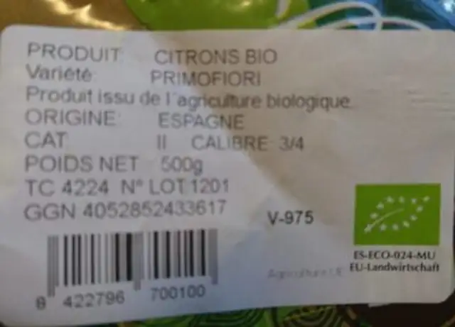 Citrons ingredients label