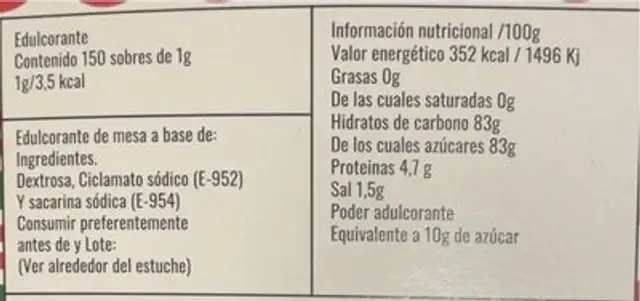 EDULCORANTE nutrition facts table
