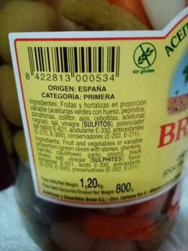 Aceitunas y encurtidos bravo ingredients label