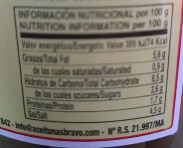 Aceitunas y encurtidos bravo nutrition facts table