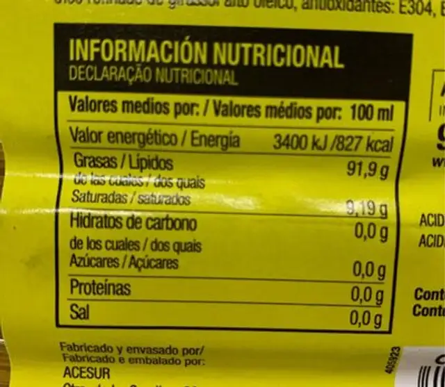 Aceite girasol alto oleico especial freidora nutrition facts table