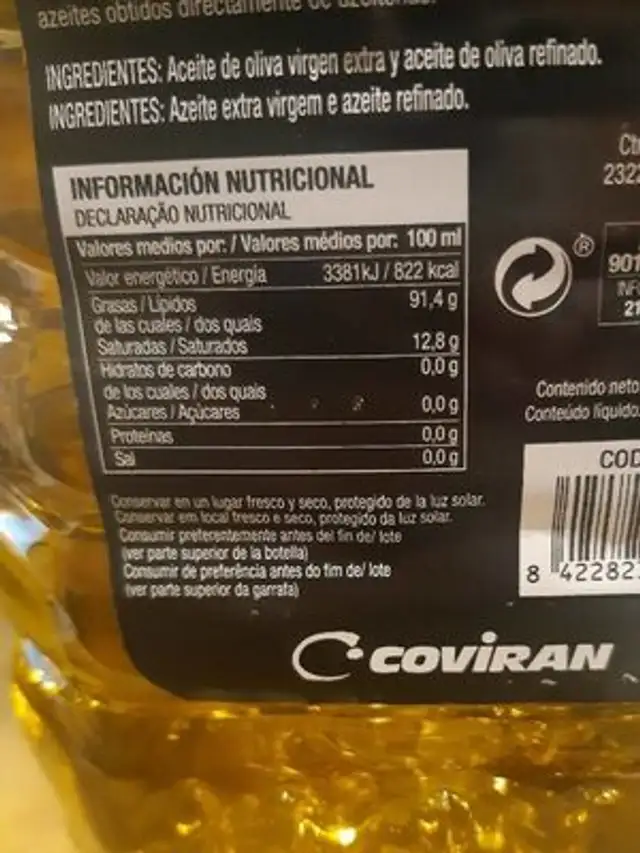 Aceite de oliva nutrition facts table