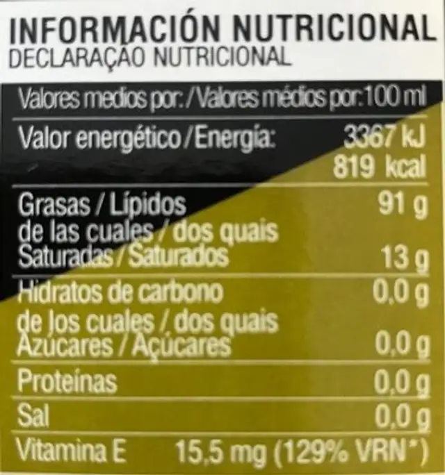 Aceite de Oliva Virgen Extra nutrition facts table