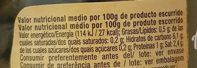 Alcaparras nutrition facts table