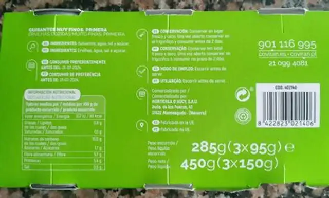 Guisantes nutrition facts table