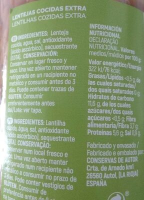 Lentejas cocidas nutrition facts table