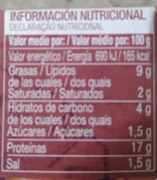 Mejillones nutrition facts table