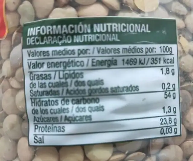 Lentejas nutrition facts table